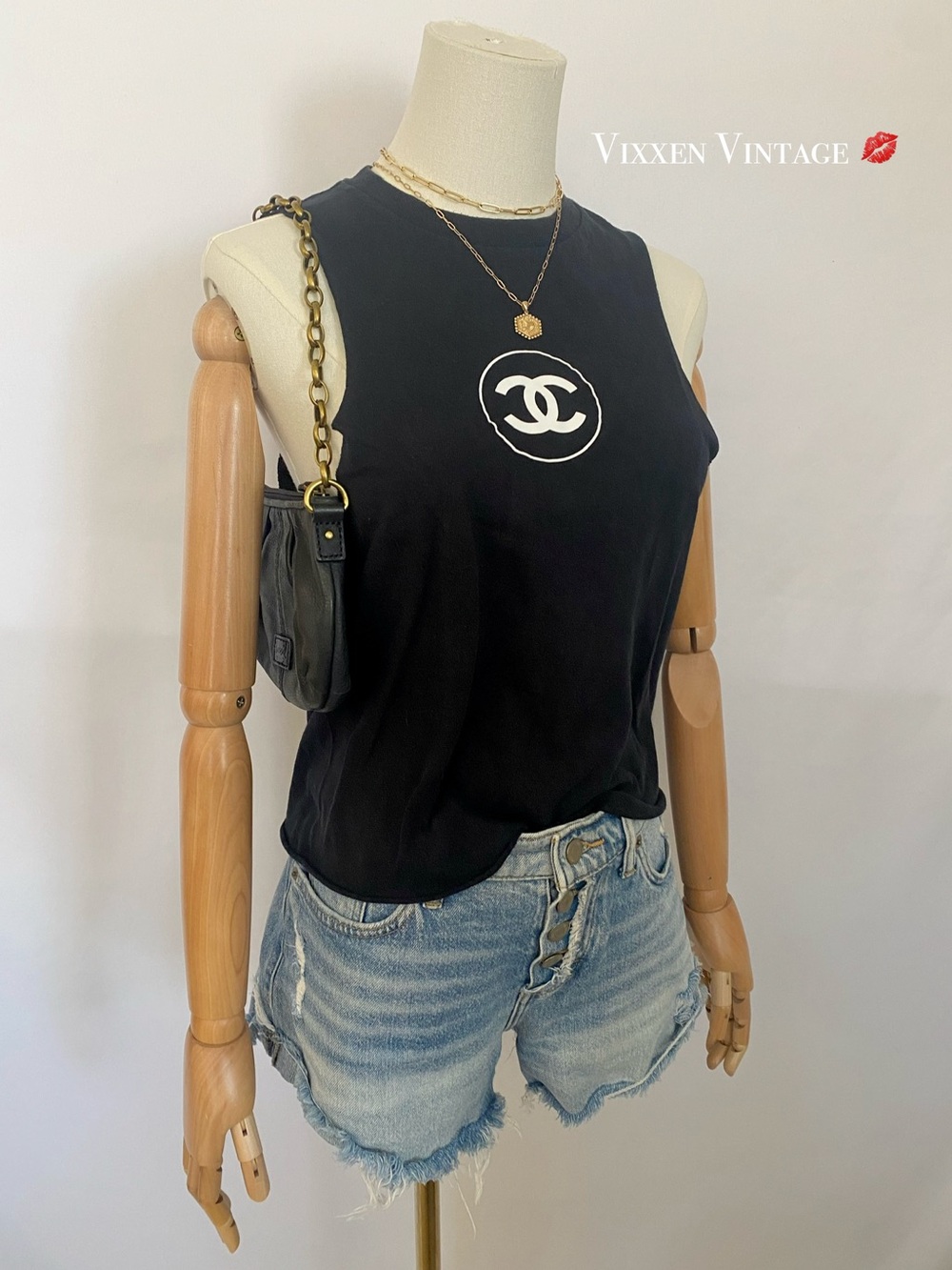 UPCYCLED CHANEL LOGO MUSCLE TEE IN BLACK